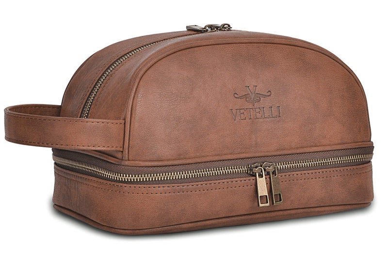 Vetelli Vetell Classic Leather Men's Travel Toiletry Bag and Dopp Kit with Upper and Lower Zippered Compartments, 2 Mesh Bottle Pouches and Carrying Handle - Image 1
